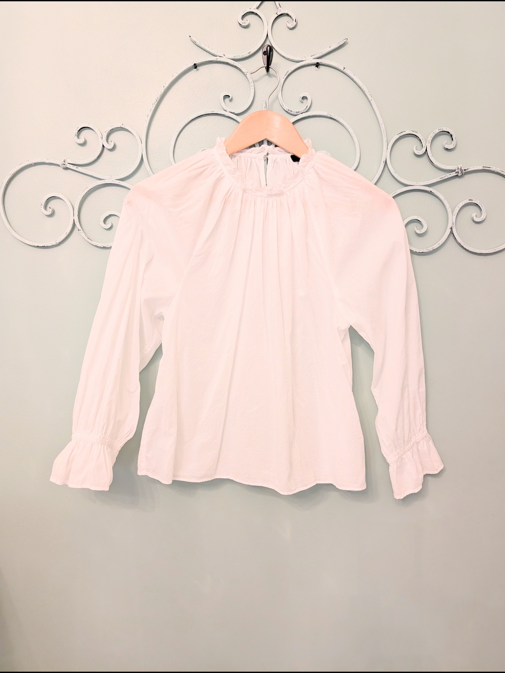 J. Crew White Peasant Blouse with Ruffled Neck and Cuffs